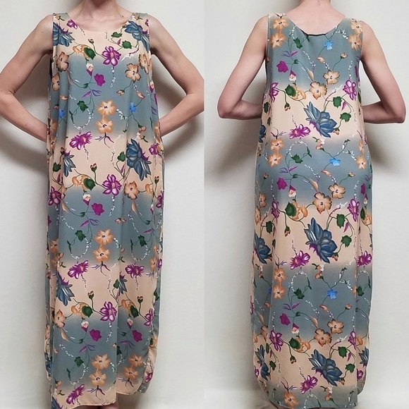 Vintage Dresses & Skirts - Vintage 80s Limited Apparel Blue Tropical Floral Sleeveless Maxi Shift Dress L